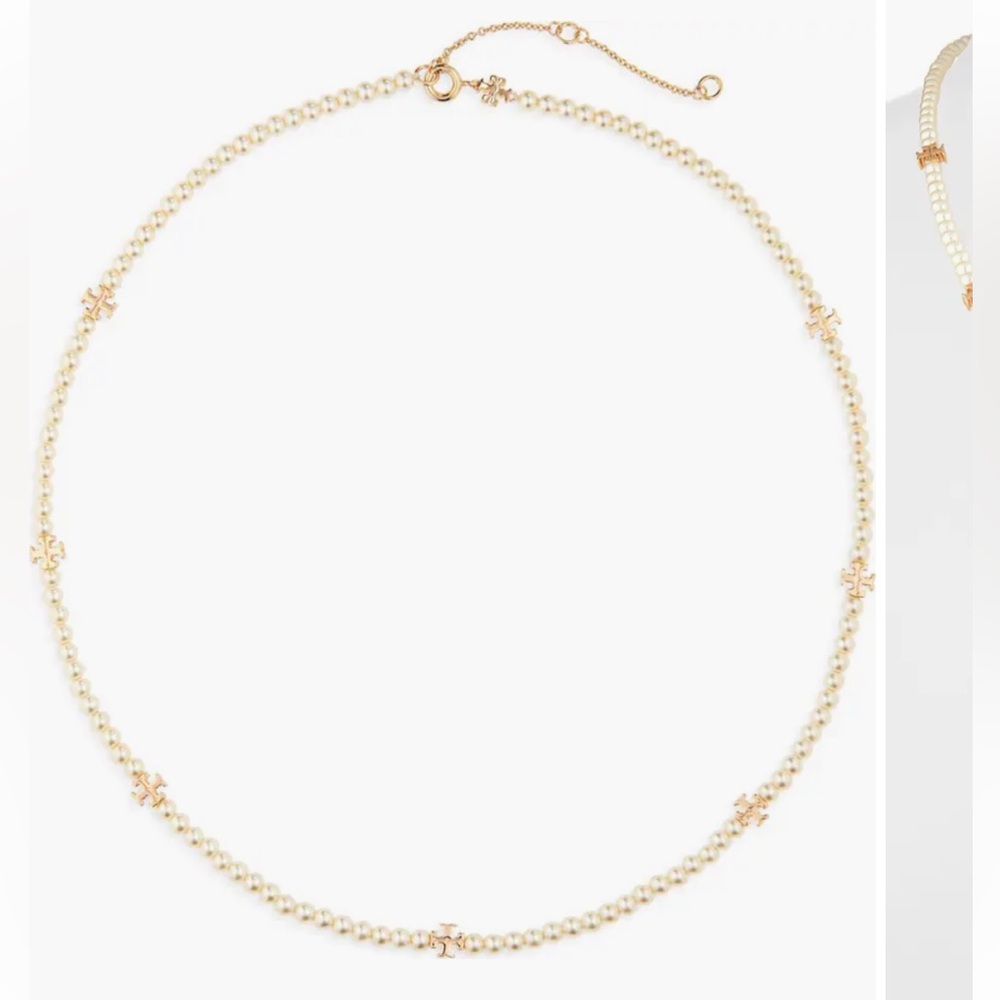 Tory Burch Faux Pearl Necklace with Gold Logo Stations